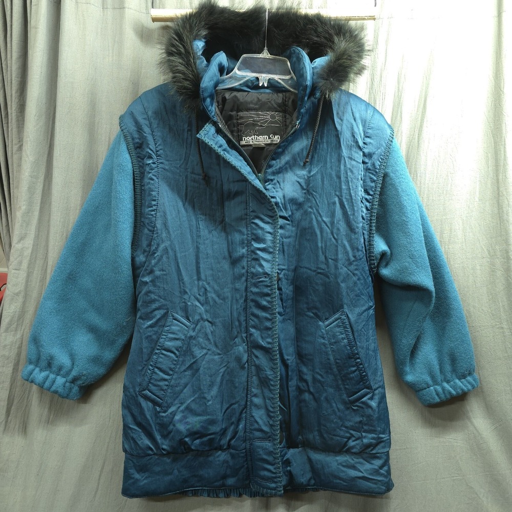 Northern Sun Vintage Teal Parka Coat Wool Sleeves Faux Fur Hood Canada N46184 14